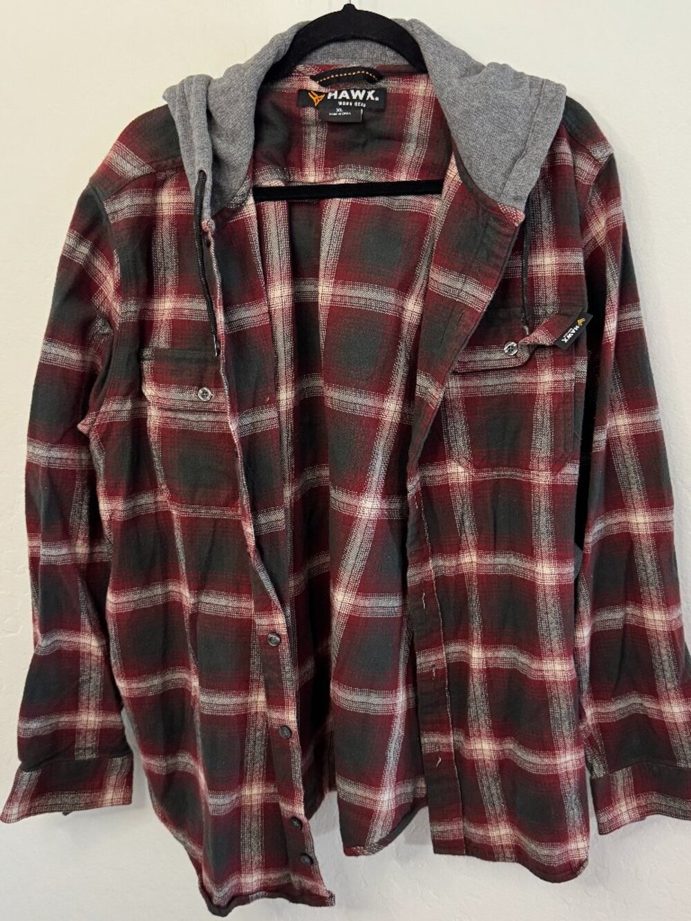 Hawx Work Gear Red Gray Plaid Hooded Flannel Shirt Jacket | Size XL